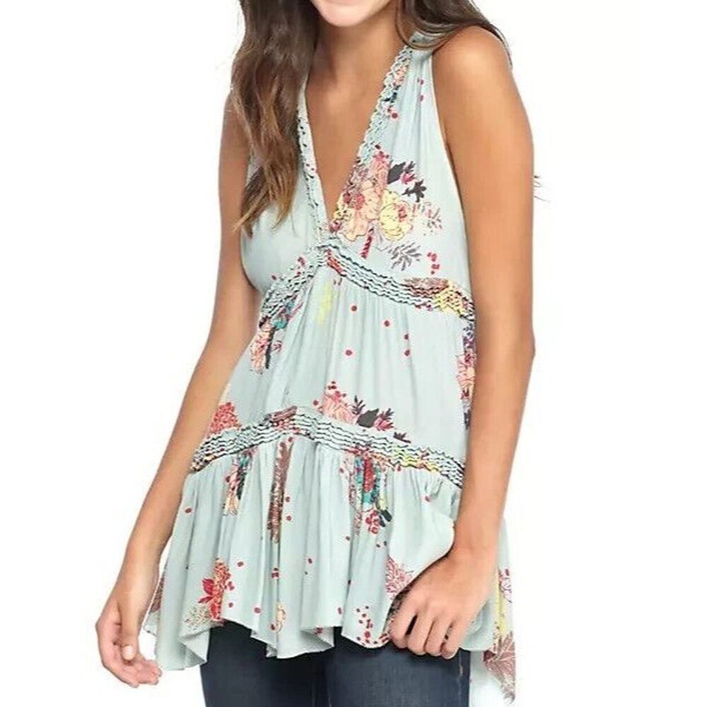 Free People Women Blue Haze Floral Sleeveless Tiered Tunic Sz M Boho Hippie Hilo